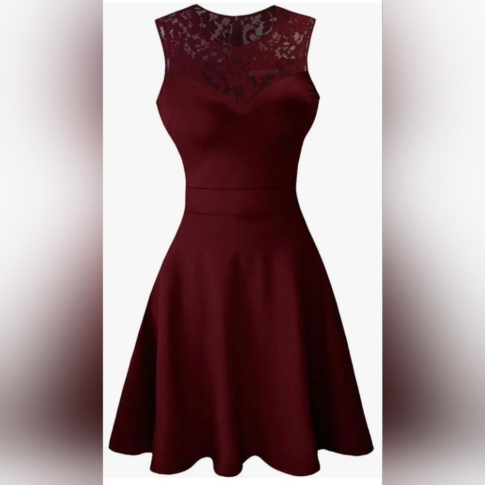 Womens A-Line Pleated Sleeveless Dress with Floral Lace